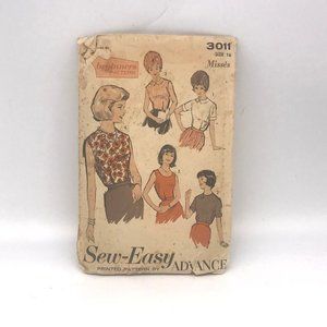 Vintage Sewing Beginners PATTERN, Advance 3011, Sew Easy Misses 1960s Blouses